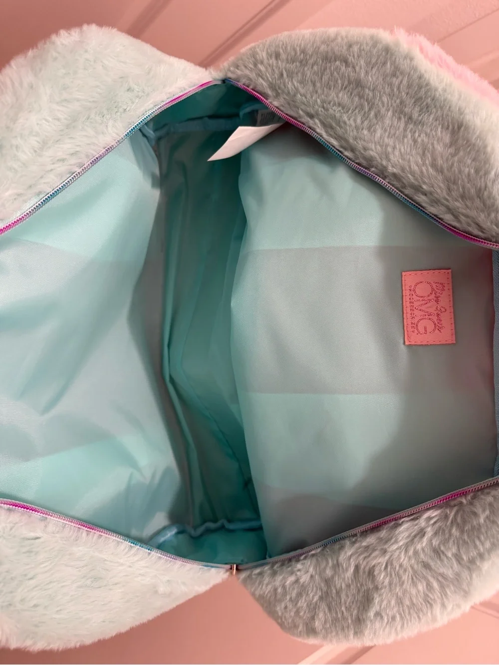Justice Dance Faux Fur Duffel Bag Pastel Pink Blue Purple Glitter Kids Tote